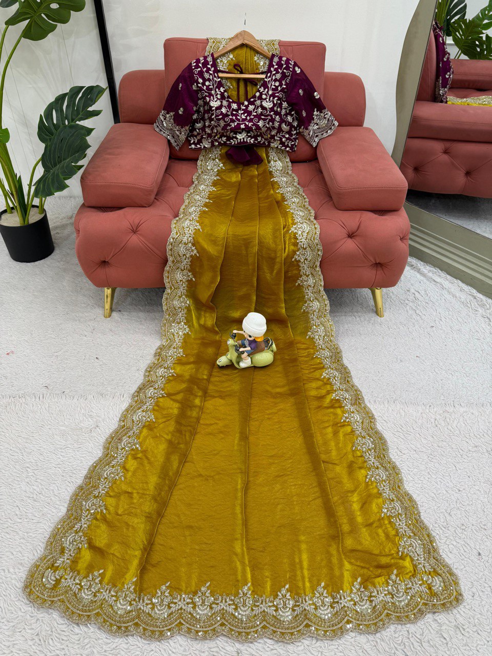 Wedding Wear Mustard Color Thread Embroidery Work Beautiful Saree
