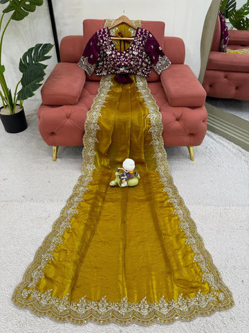 Wedding Wear Mustard Color Thread Embroidery Work Beautiful Saree