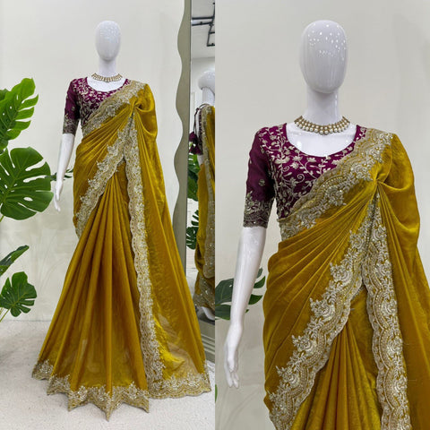 Wedding Wear Mustard Color Thread Embroidery Work Beautiful Saree