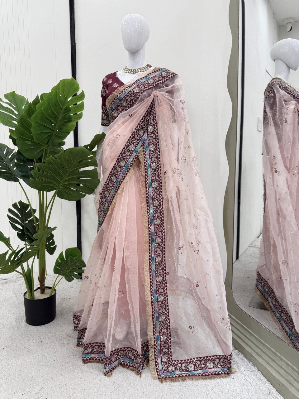 Party Wear Light Pink Color Organza Silk Embroidery Work Beautiful Saree