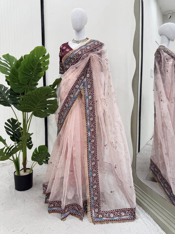 Party Wear Light Pink Color Organza Silk Embroidery Work Beautiful Saree