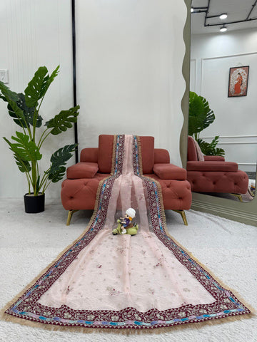 Party Wear Light Pink Color Organza Silk Embroidery Work Beautiful Saree