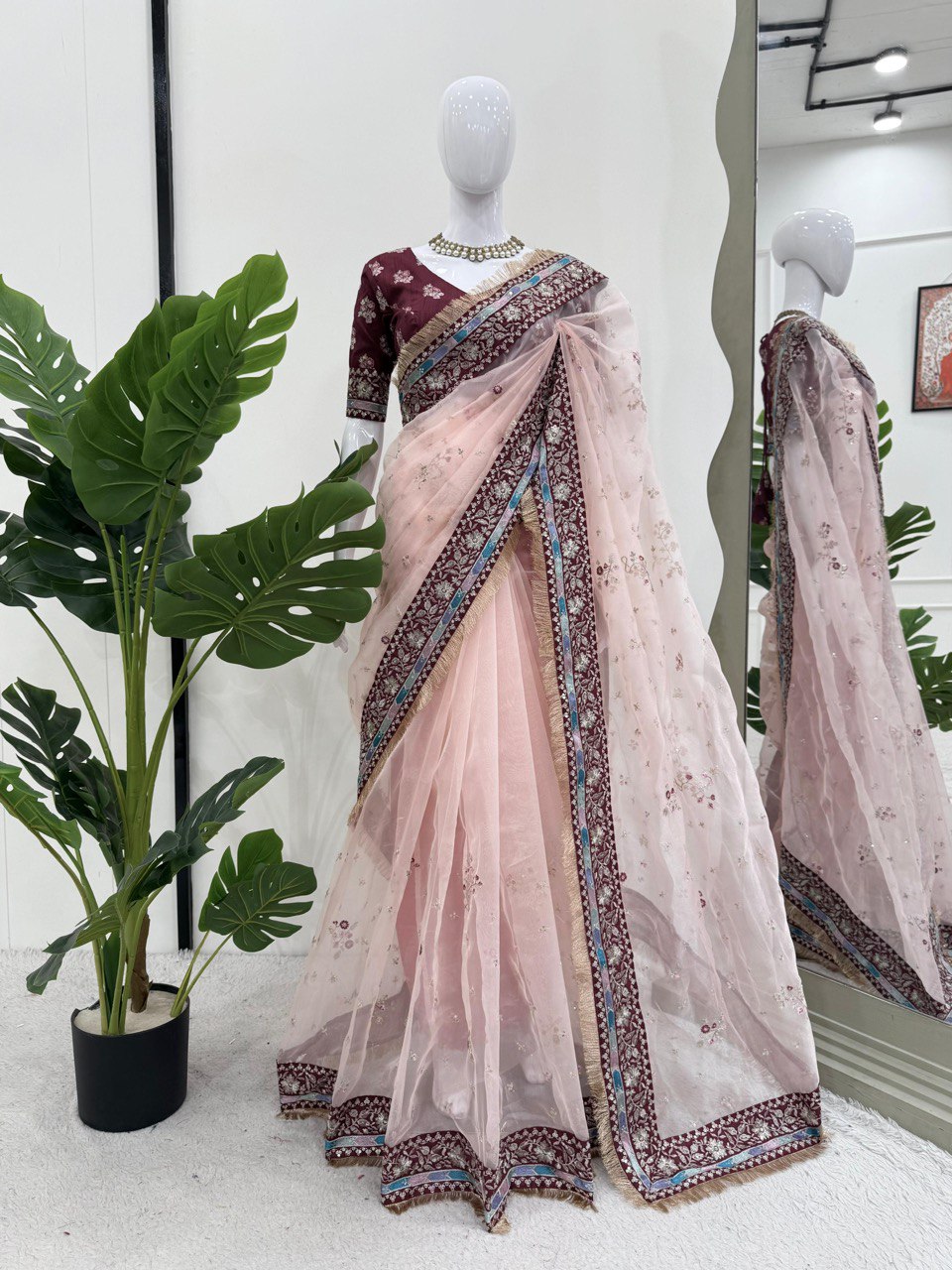 Party Wear Light Pink Color Organza Silk Embroidery Work Beautiful Saree