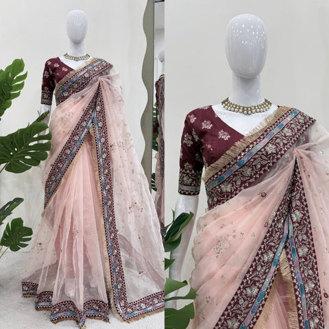 Party Wear Light Pink Color Organza Silk Embroidery Work Beautiful Saree