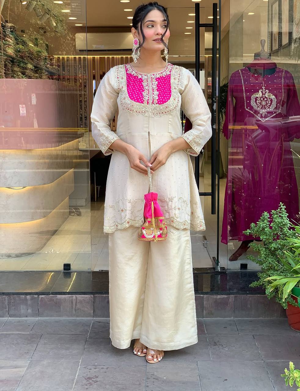 Reception Wear Roman Shimmer Silk With Embroidery And Coding Sequine Work Cord Set Palazzo Suit