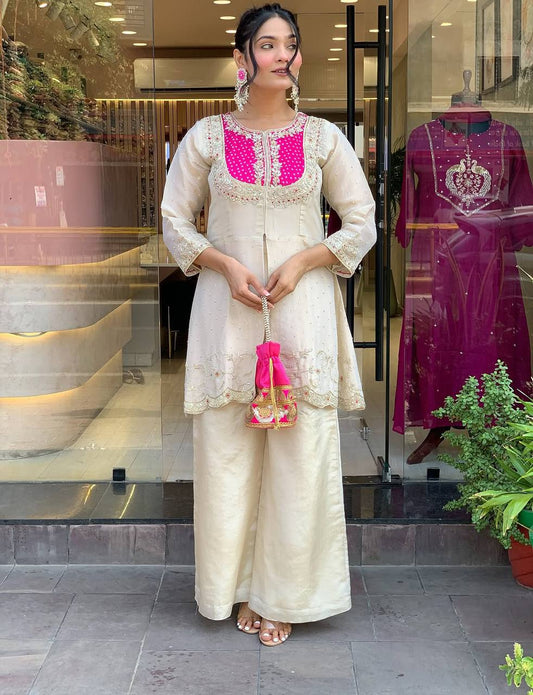 Reception Wear Roman Shimmer Silk With Embroidery And Coding Sequine Work Cord Set Palazzo Suit