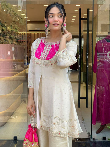 Reception Wear Roman Shimmer Silk With Embroidery And Coding Sequine Work Cord Set Palazzo Suit