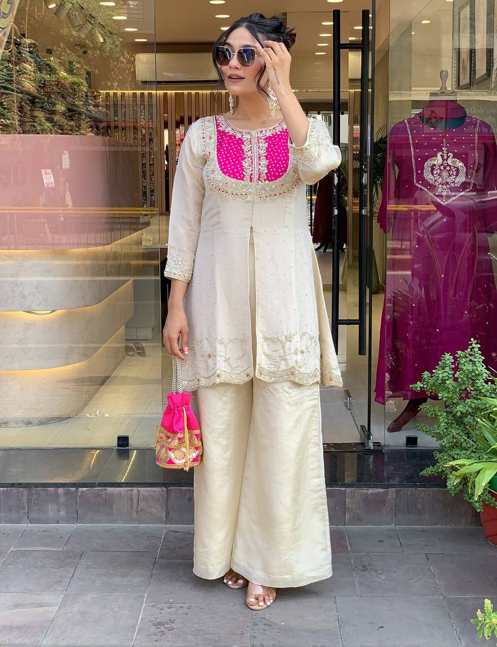 Reception Wear Roman Shimmer Silk With Embroidery And Coding Sequine Work Cord Set Palazzo Suit