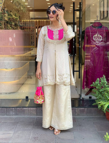 Reception Wear Roman Shimmer Silk With Embroidery And Coding Sequine Work Cord Set Palazzo Suit