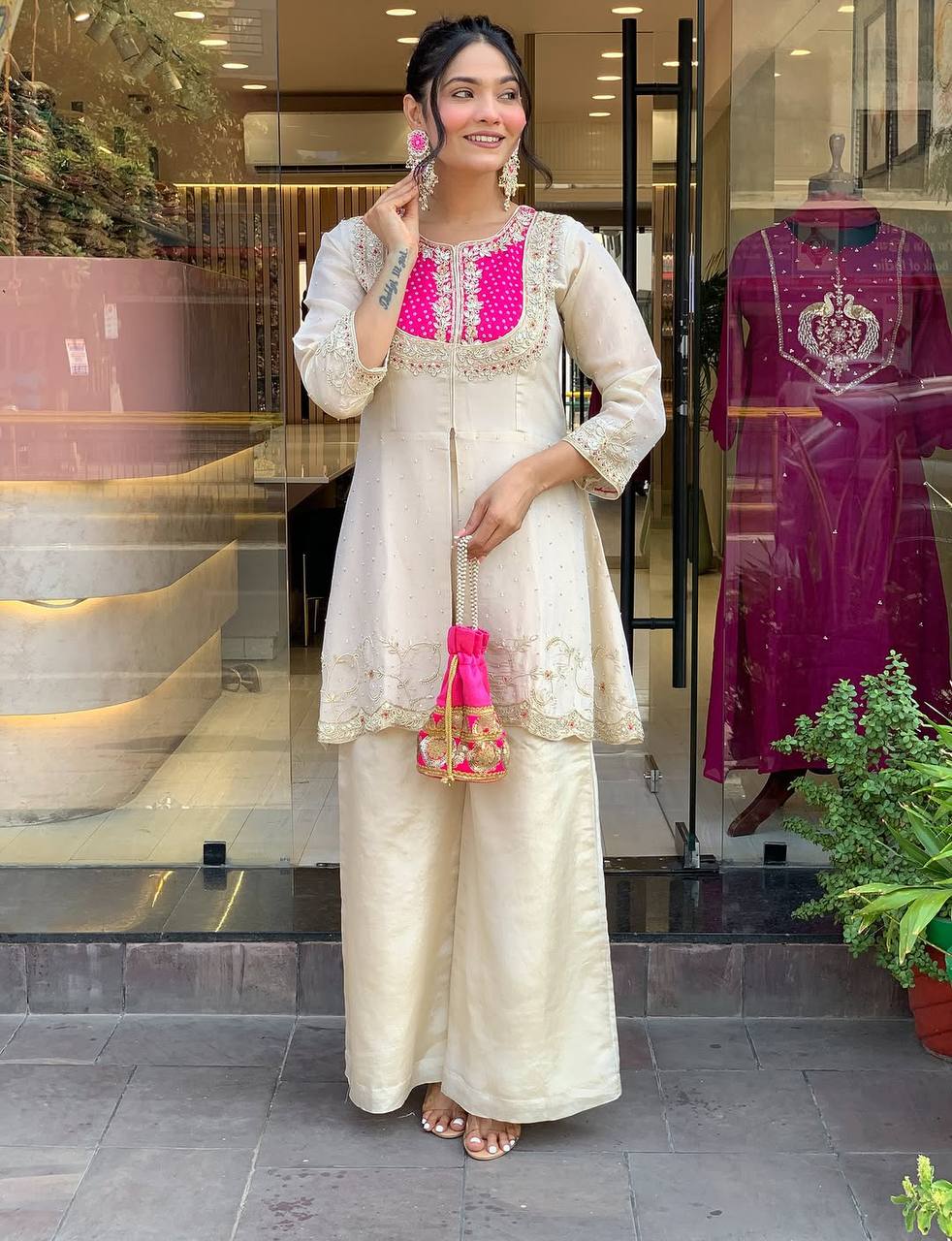 Reception Wear Roman Shimmer Silk With Embroidery And Coding Sequine Work Cord Set Palazzo Suit