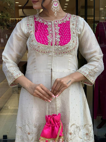 Reception Wear Roman Shimmer Silk With Embroidery And Coding Sequine Work Cord Set Palazzo Suit