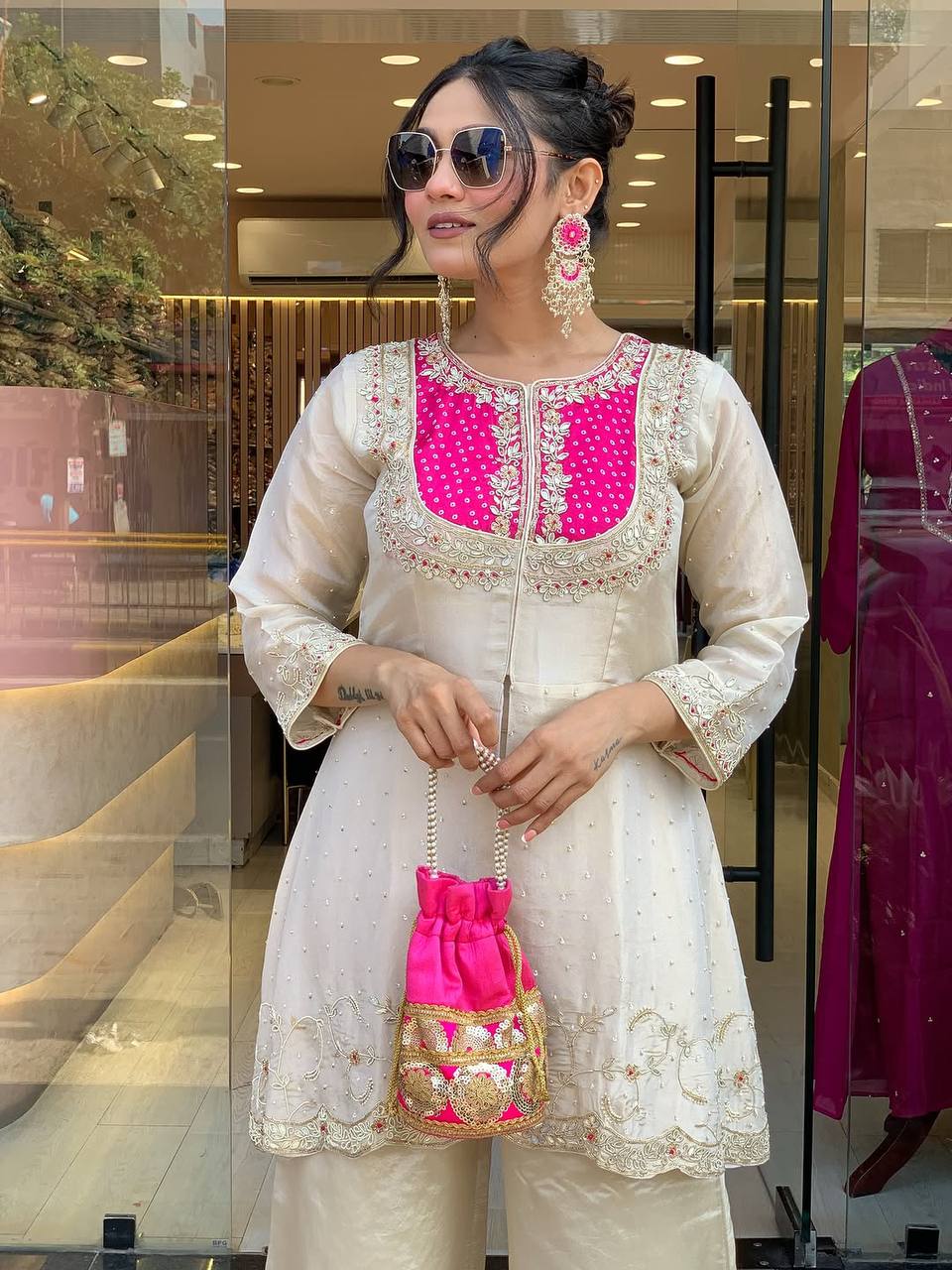 Reception Wear Roman Shimmer Silk With Embroidery And Coding Sequine Work Cord Set Palazzo Suit