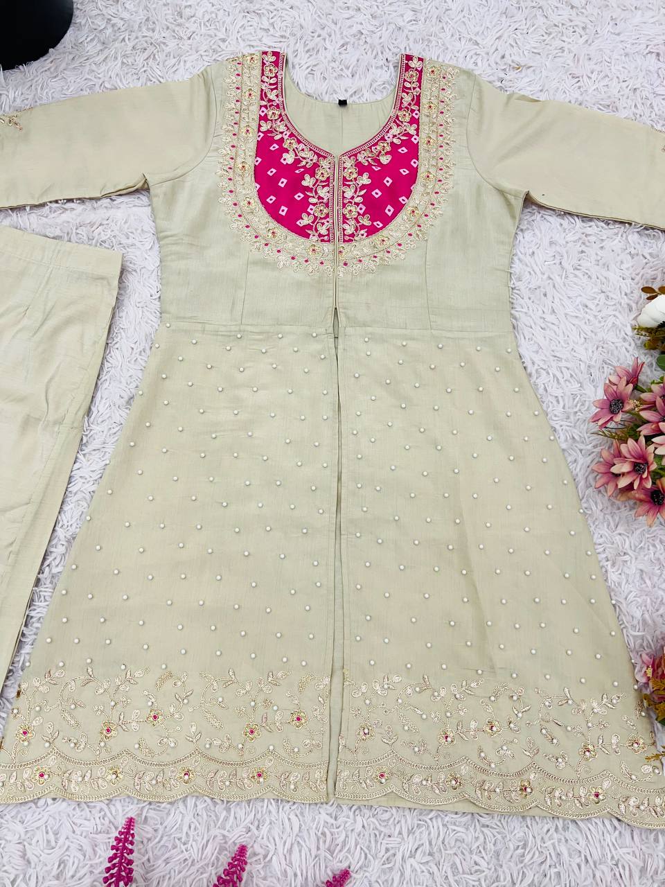 Reception Wear Roman Shimmer Silk With Embroidery And Coding Sequine Work Cord Set Palazzo Suit