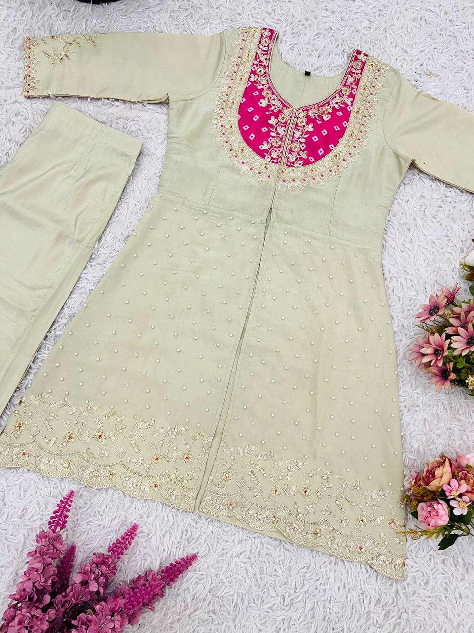 Reception Wear Roman Shimmer Silk With Embroidery And Coding Sequine Work Cord Set Palazzo Suit