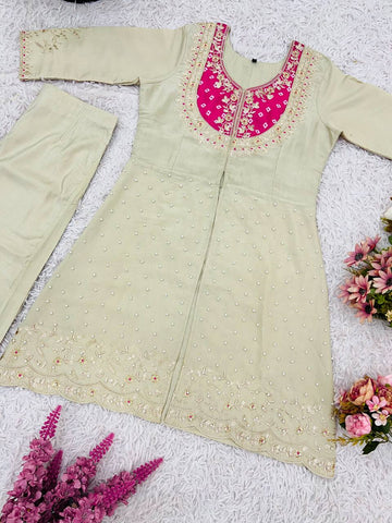 Reception Wear Roman Shimmer Silk With Embroidery And Coding Sequine Work Cord Set Palazzo Suit