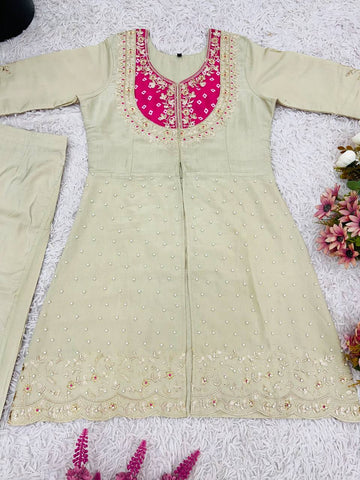 Reception Wear Roman Shimmer Silk With Embroidery And Coding Sequine Work Cord Set Palazzo Suit