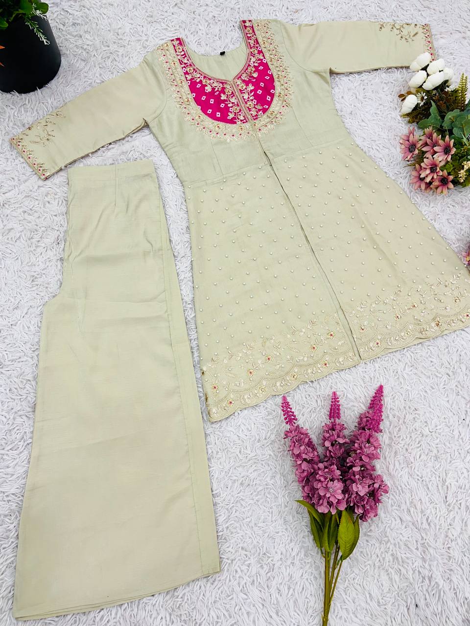 Reception Wear Roman Shimmer Silk With Embroidery And Coding Sequine Work Cord Set Palazzo Suit