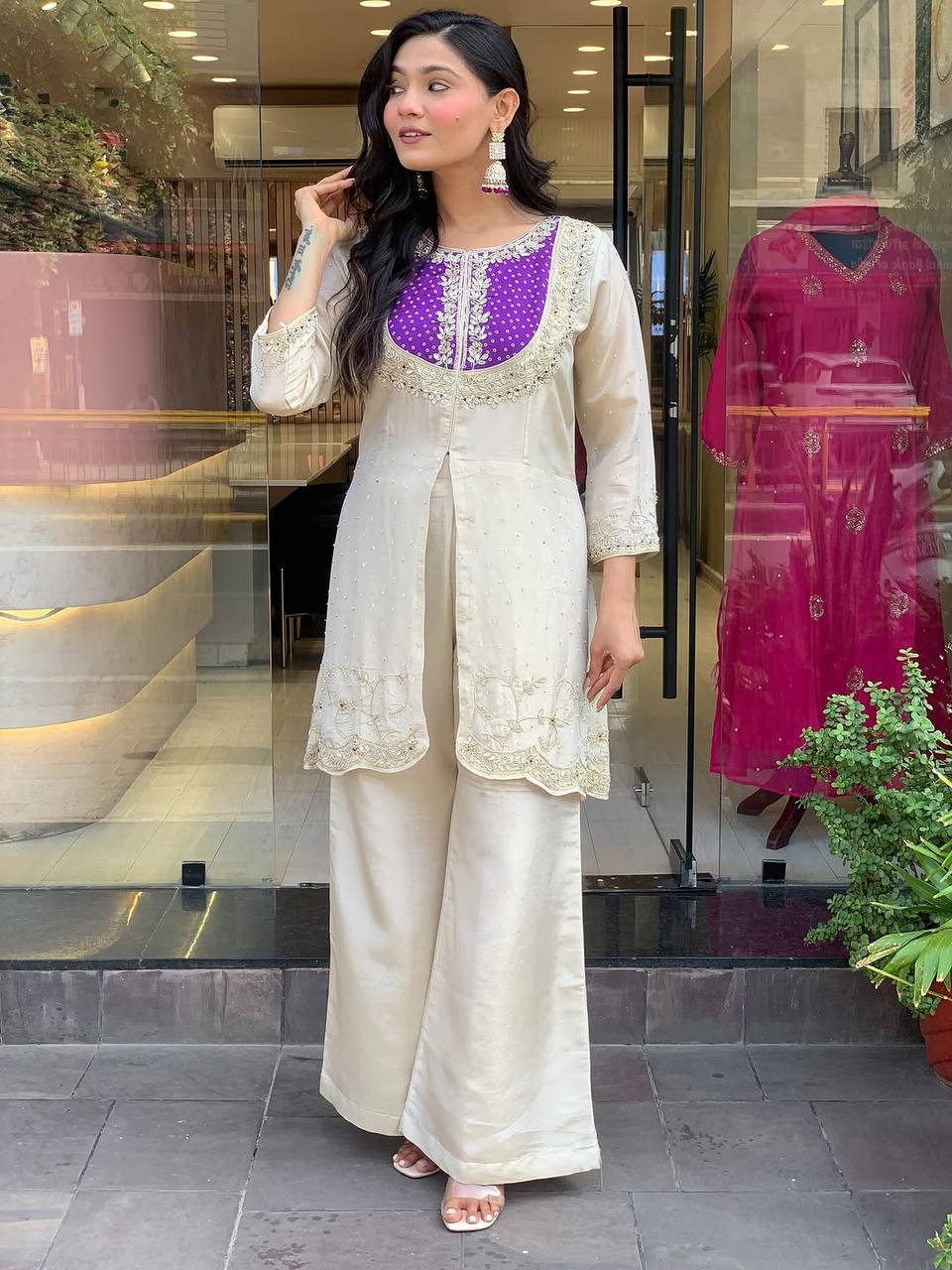 Festive Wear Roman Shimmer Silk With Embroidery And Coding Sequine Work Cord Set Palazzo Suit
