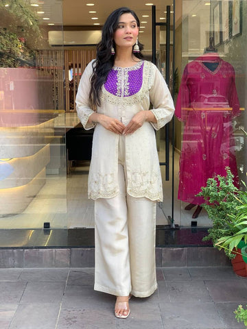 Festive Wear Roman Shimmer Silk With Embroidery And Coding Sequine Work Cord Set Palazzo Suit