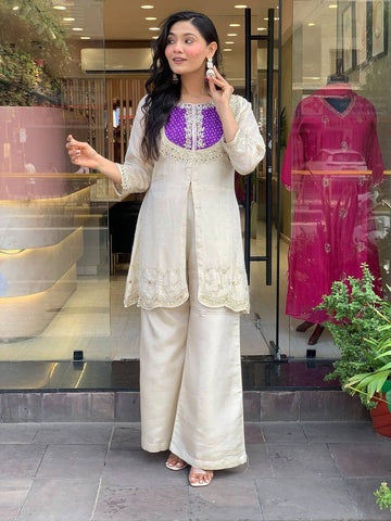 Festive Wear Roman Shimmer Silk With Embroidery And Coding Sequine Work Cord Set Palazzo Suit