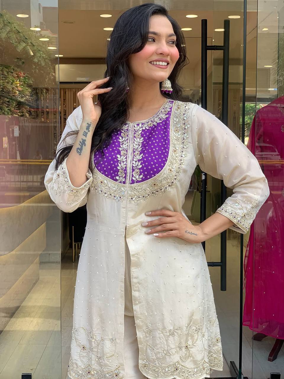 Festive Wear Roman Shimmer Silk With Embroidery And Coding Sequine Work Cord Set Palazzo Suit