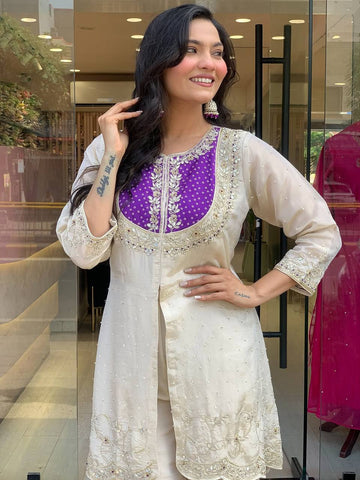 Festive Wear Roman Shimmer Silk With Embroidery And Coding Sequine Work Cord Set Palazzo Suit
