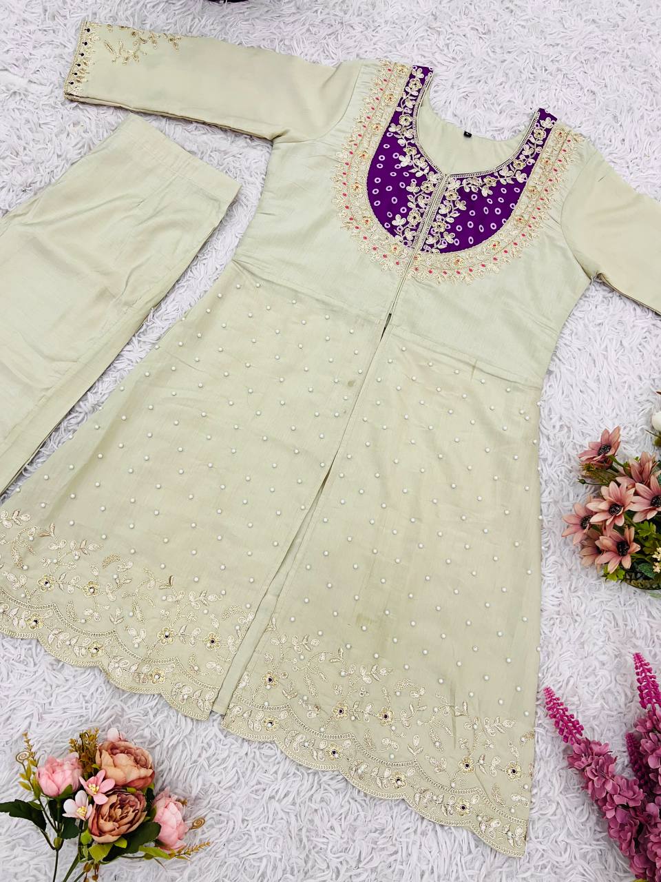 Festive Wear Roman Shimmer Silk With Embroidery And Coding Sequine Work Cord Set Palazzo Suit
