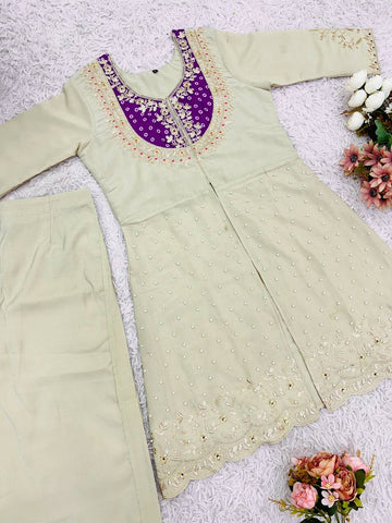 Festive Wear Roman Shimmer Silk With Embroidery And Coding Sequine Work Cord Set Palazzo Suit