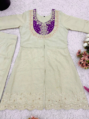Festive Wear Roman Shimmer Silk With Embroidery And Coding Sequine Work Cord Set Palazzo Suit
