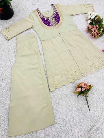 Festive Wear Roman Shimmer Silk With Embroidery And Coding Sequine Work Cord Set Palazzo Suit