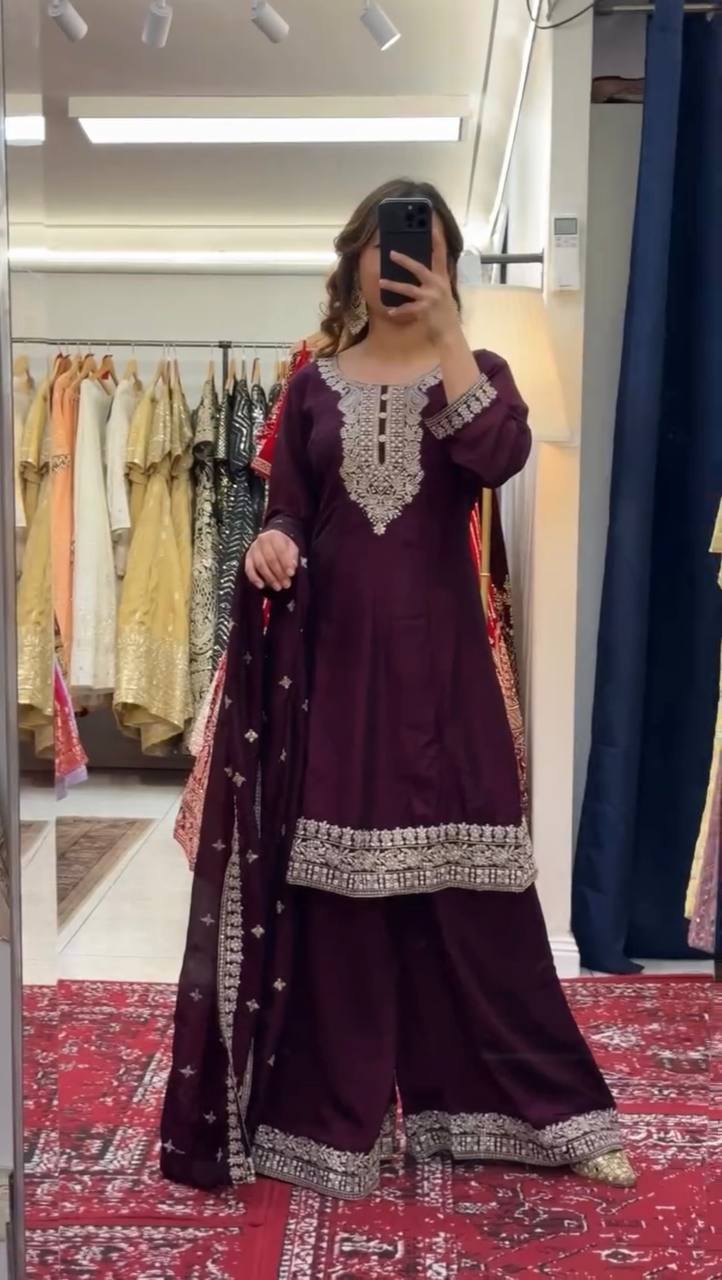 Party Wear Wine Color Premium Chinon Silk Beautiful Thread Embroidery Wth Sequin Work Palazzo Suit