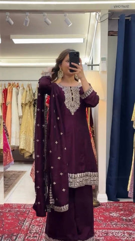 Party Wear Wine Color Premium Chinon Silk Beautiful Thread Embroidery Wth Sequin Work Palazzo Suit