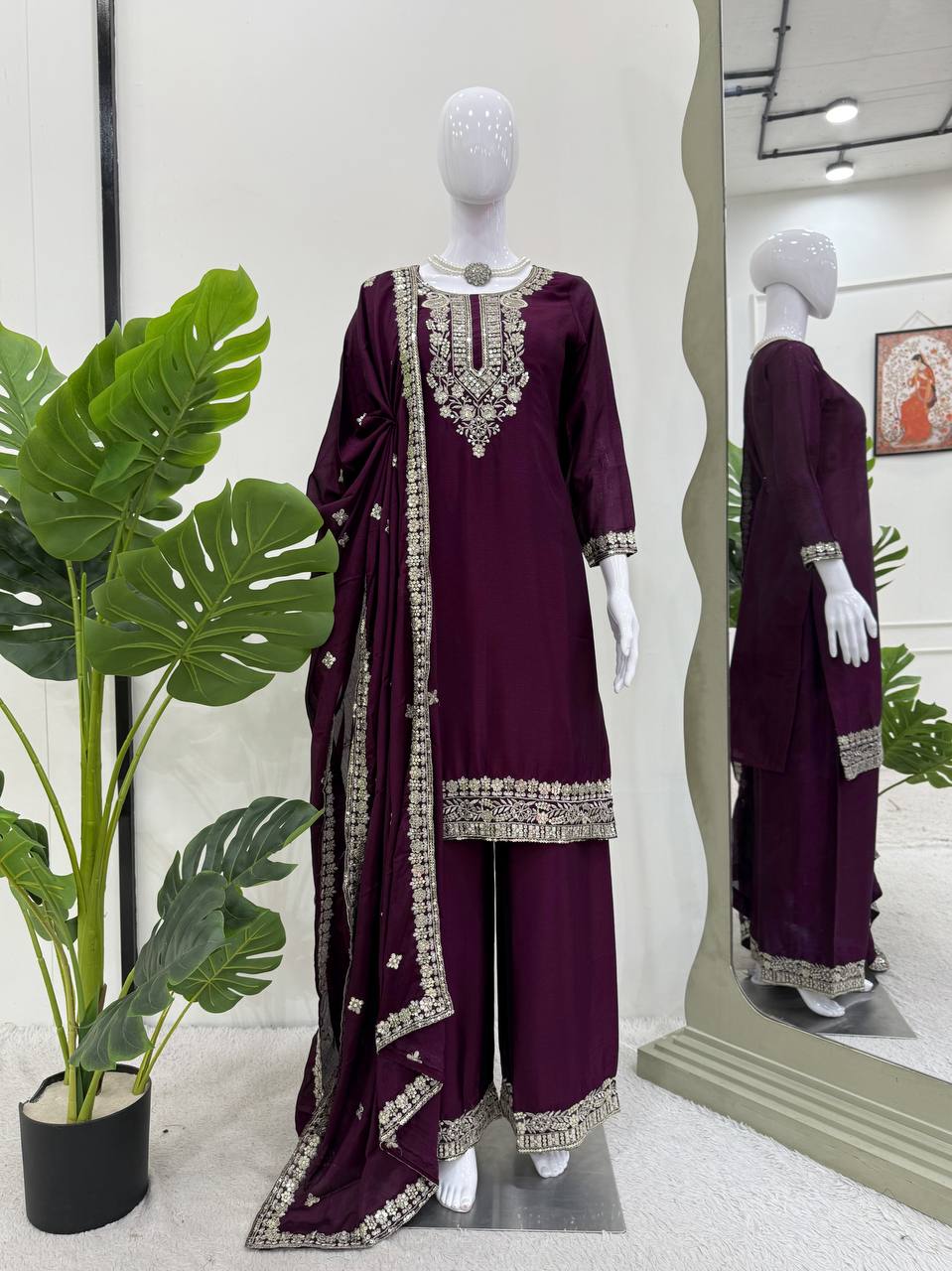 Party Wear Wine Color Premium Chinon Silk Beautiful Thread Embroidery Wth Sequin Work Palazzo Suit
