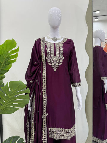 Party Wear Wine Color Premium Chinon Silk Beautiful Thread Embroidery Wth Sequin Work Palazzo Suit