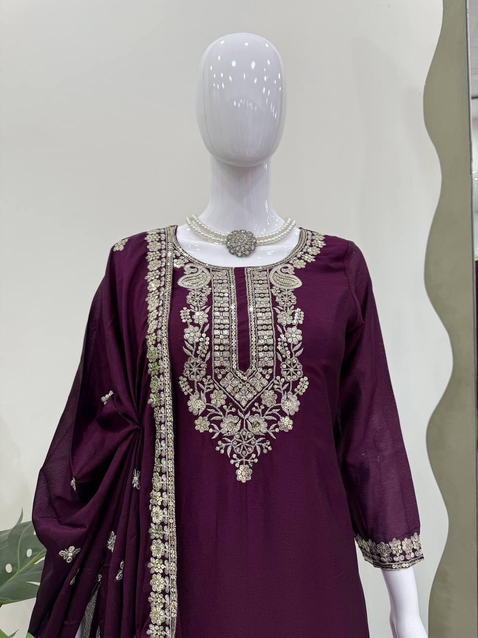 Party Wear Wine Color Premium Chinon Silk Beautiful Thread Embroidery Wth Sequin Work Palazzo Suit
