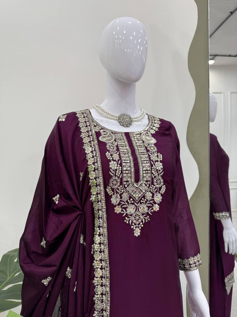 Party Wear Wine Color Premium Chinon Silk Beautiful Thread Embroidery Wth Sequin Work Palazzo Suit