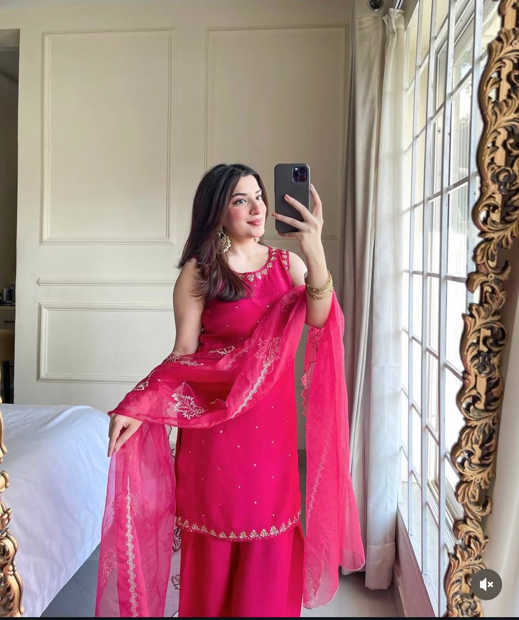 Party Wear Pink Color Pure Natural Crepe With Heavy Embroidery Sequence Work Palazzo Suit