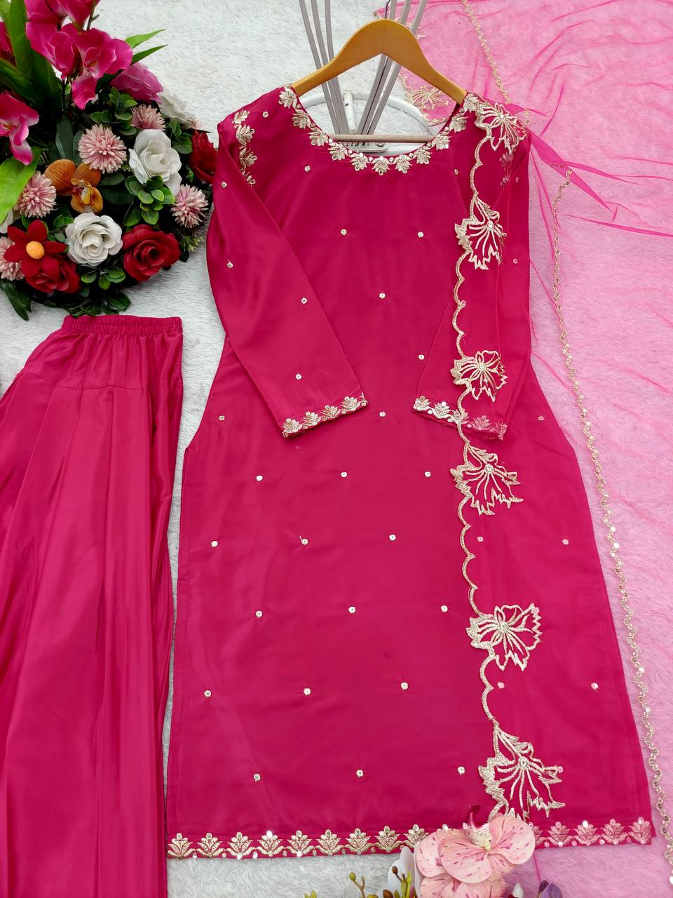 Party Wear Pink Color Pure Natural Crepe With Heavy Embroidery Sequence Work Palazzo Suit