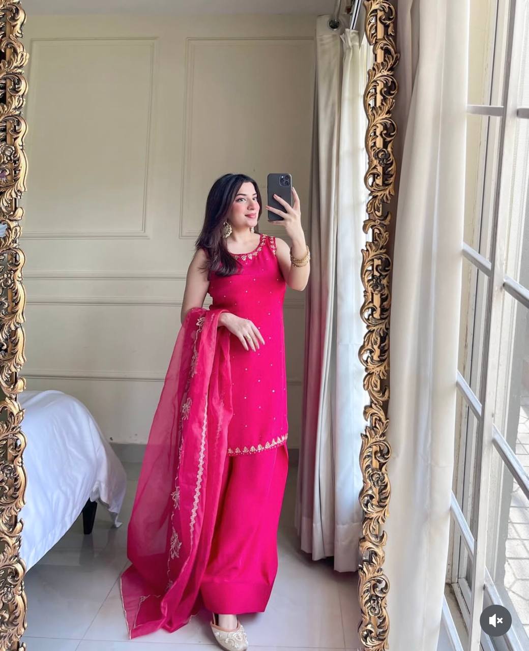 Party Wear Pink Color Pure Natural Crepe With Heavy Embroidery Sequence Work Palazzo Suit