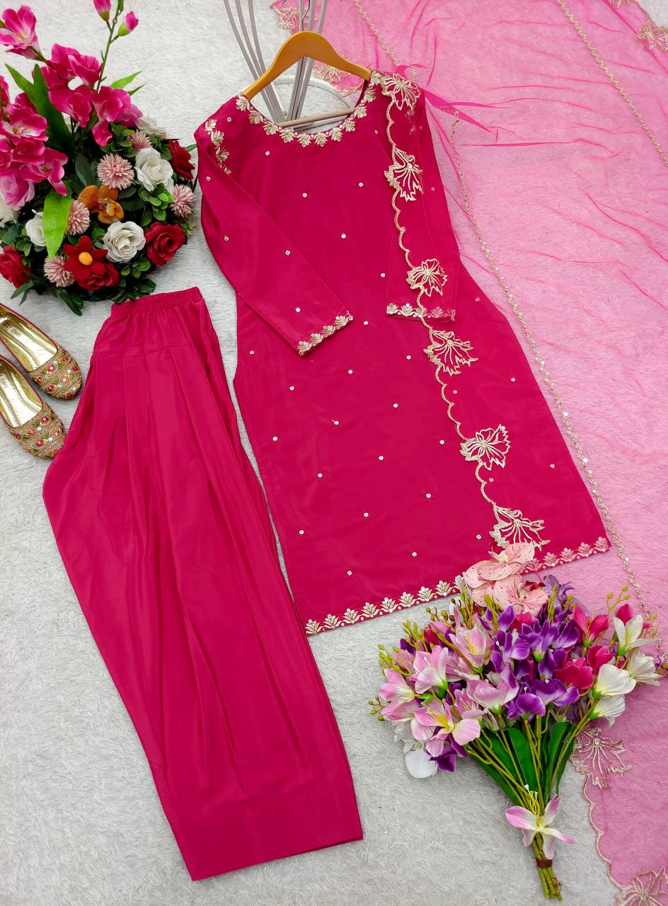 Party Wear Pink Color Pure Natural Crepe With Heavy Embroidery Sequence Work Palazzo Suit