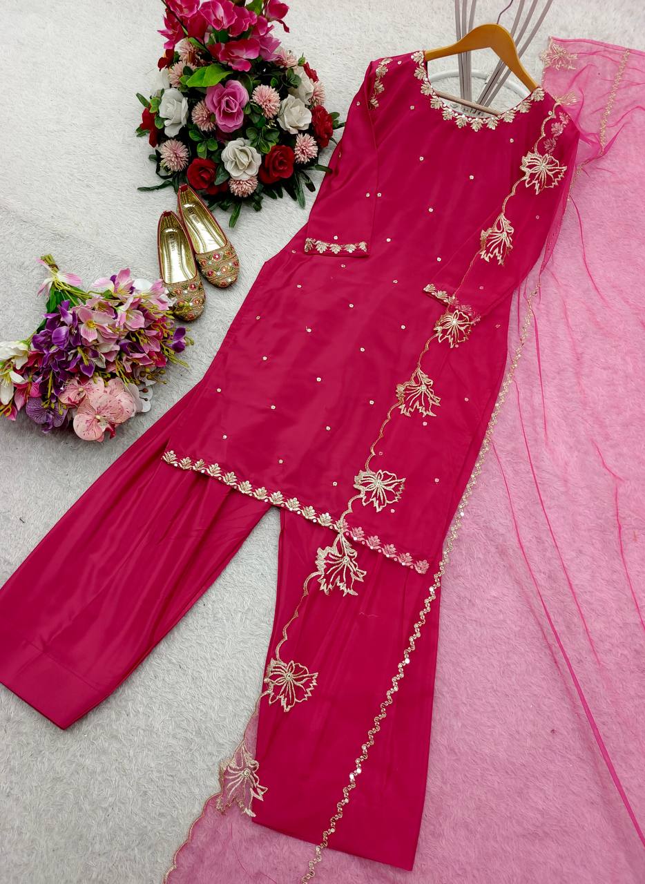 Party Wear Pink Color Pure Natural Crepe With Heavy Embroidery Sequence Work Palazzo Suit