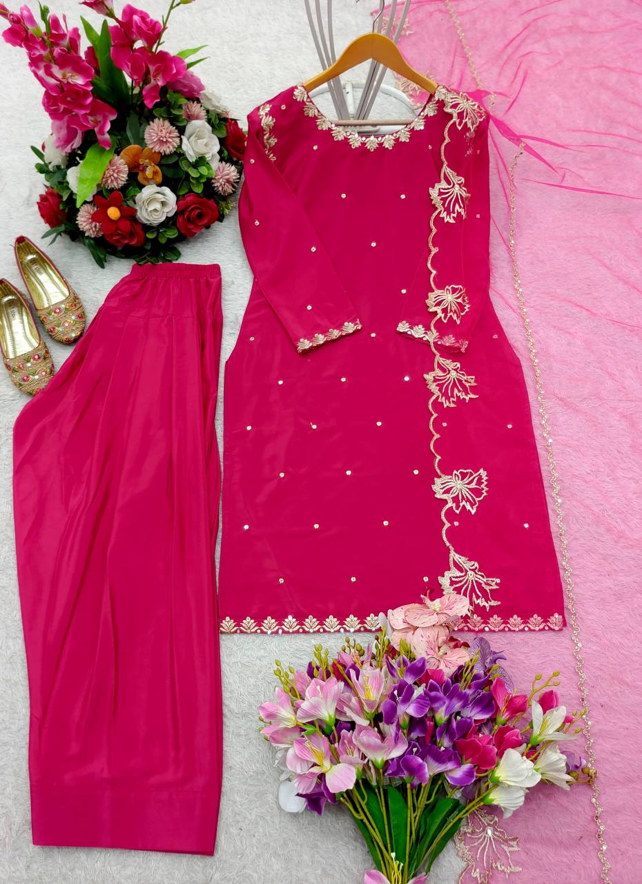 Party Wear Pink Color Pure Natural Crepe With Heavy Embroidery Sequence Work Palazzo Suit