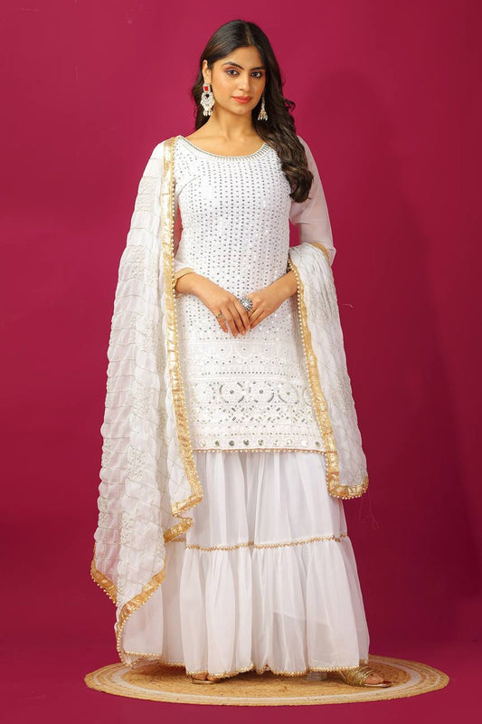 Eyes Catching White Color Faux Georgette With Heavy Embroidery And 5mm Sequence Work Sharara Suit