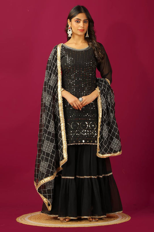 Eyes Catching Black Color Faux Georgette With Heavy Embroidery And 5mm Sequence Work Sharara Suit
