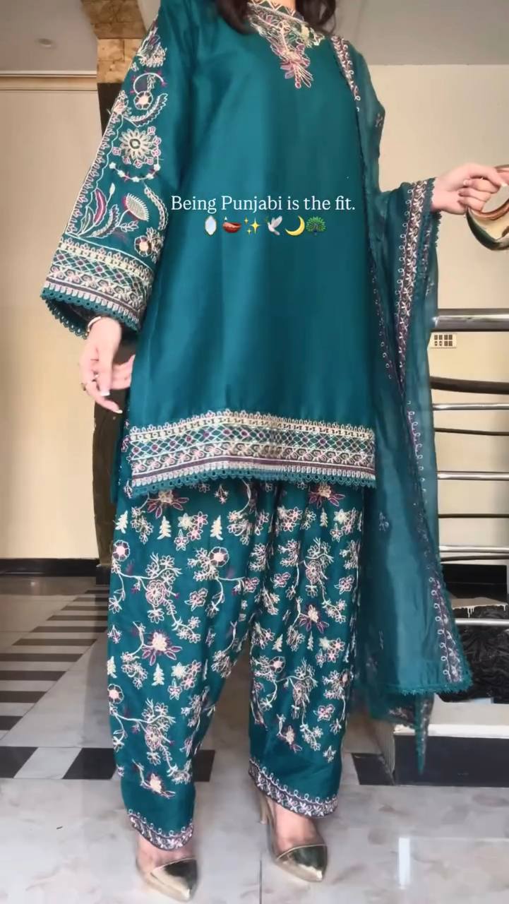 Beautiful Green Color Faux Georgette Panjabi Dhoti Suit Set with Embroidered Top & Dupatta