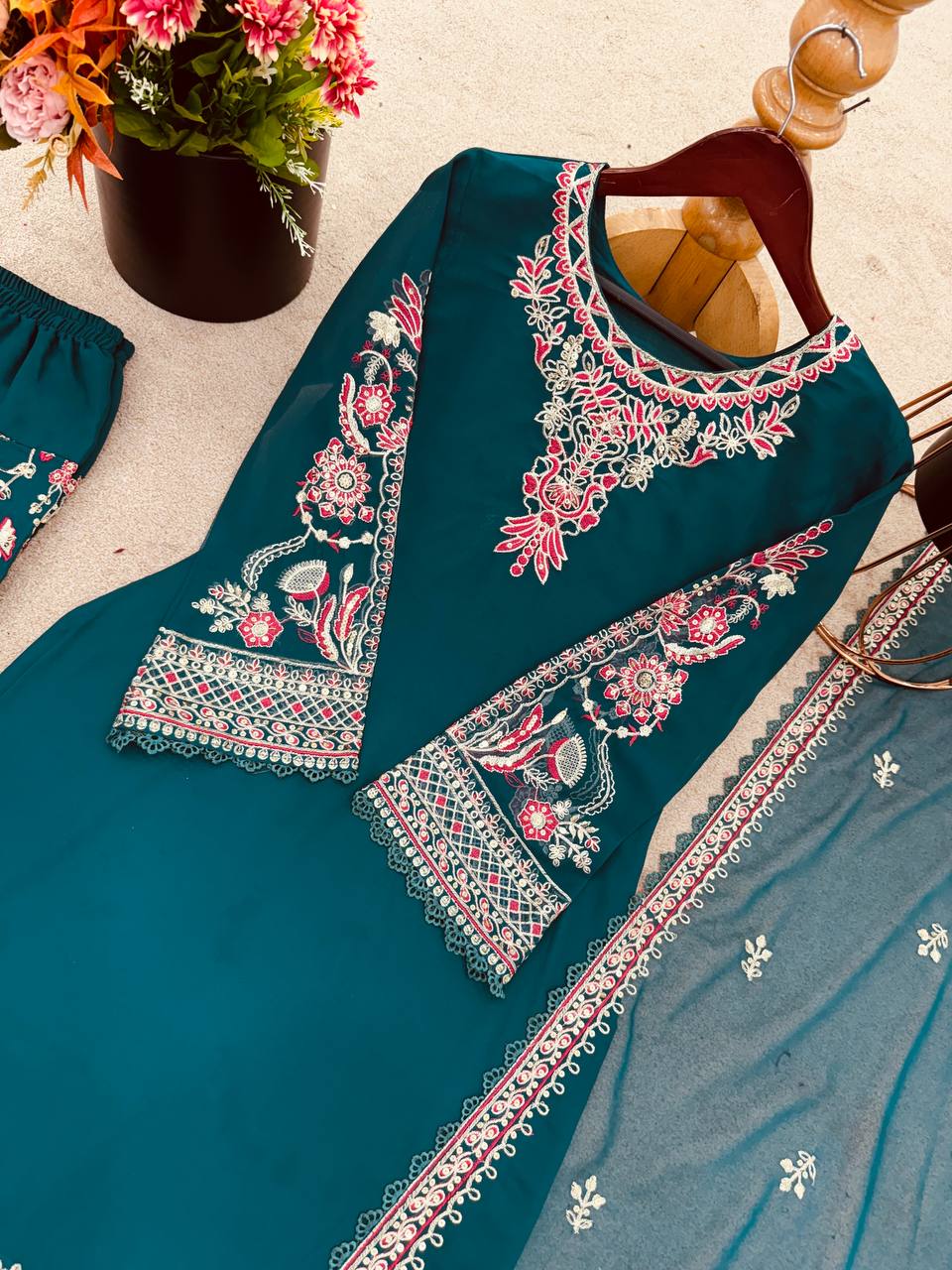 Beautiful Green Color Faux Georgette Panjabi Dhoti Suit Set with Embroidered Top & Dupatta