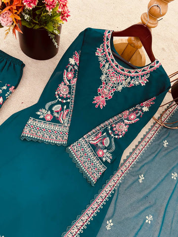 Beautiful Green Color Faux Georgette Panjabi Dhoti Suit Set with Embroidered Top & Dupatta