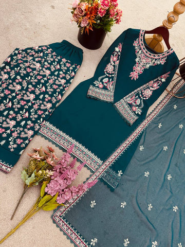 Beautiful Green Color Faux Georgette Panjabi Dhoti Suit Set with Embroidered Top & Dupatta