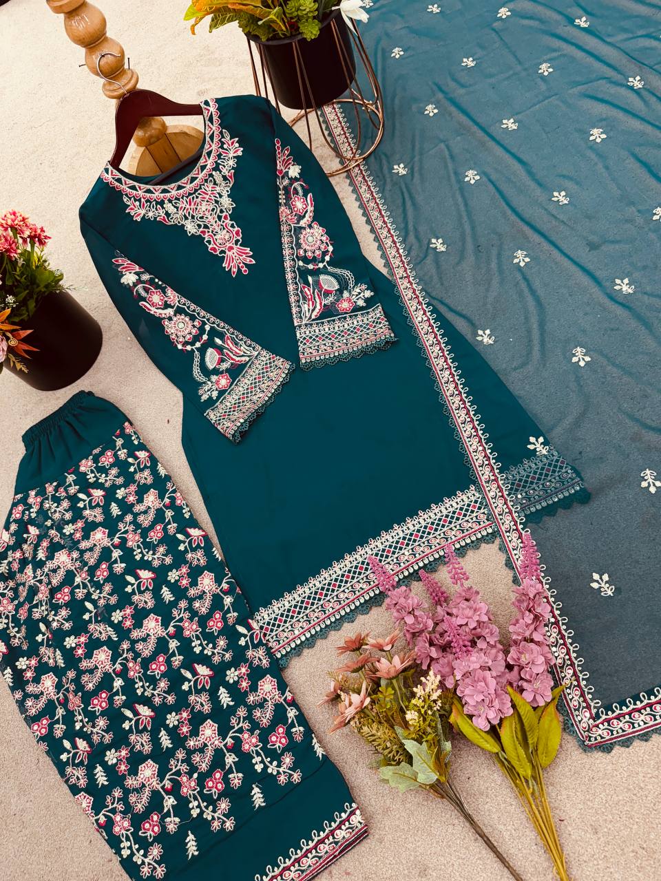 Beautiful Green Color Faux Georgette Panjabi Dhoti Suit Set with Embroidered Top & Dupatta