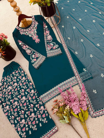 Beautiful Green Color Faux Georgette Panjabi Dhoti Suit Set with Embroidered Top & Dupatta